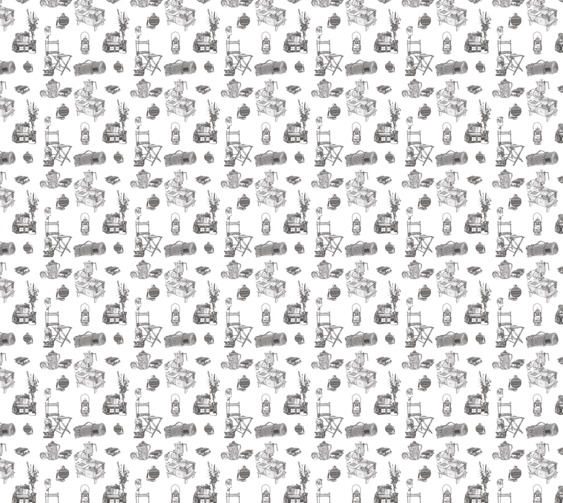 Camping Implements - Black and White - Poly Twill Fabric
