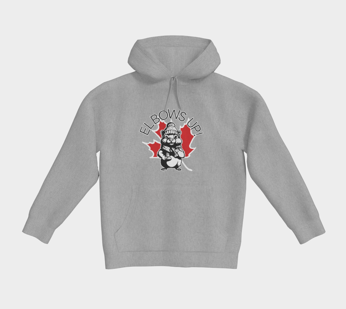 Grey hooded sweatshirt with a graphic that says elbows up and depicts the image of a maple leaf and a beaver.