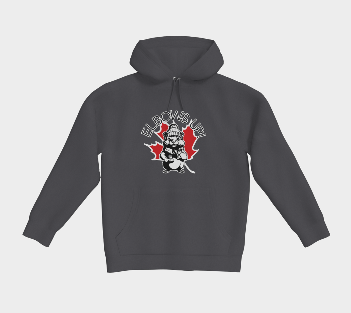 Dark Grey hoodie with elbows up graphic that depicts a maple leaf and a beaver.