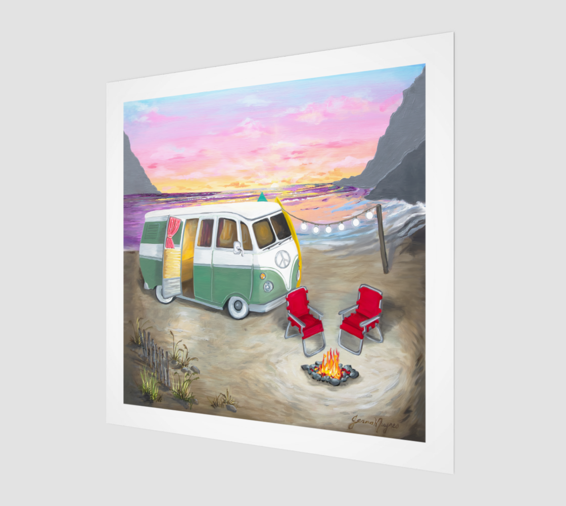 "Sunset Escape" - Vintage Hippie Bus Beach Art Print