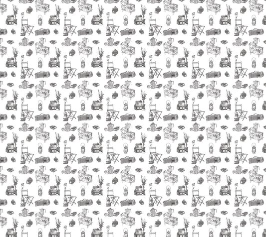 Camping Implements - Black and White - Poly Twill Fabric