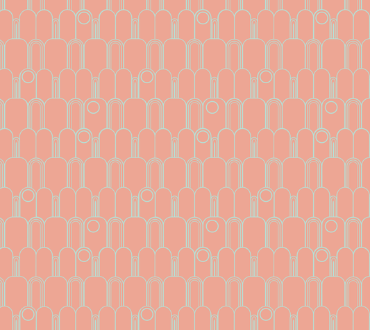 Arches and Circles Aqua on Pink Silky Knit Fabric