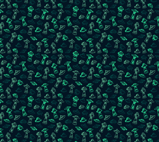 Vintage UFO green on Blue Poly Twill Fabric