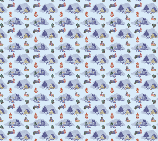 Dreamy Camper - Multicolour on Blue - Cotton Sateen Fabric