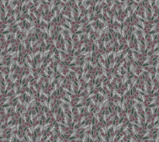Forest Flora Ditsy - Red, White and Green on Grey - Organic Quilting Cotton