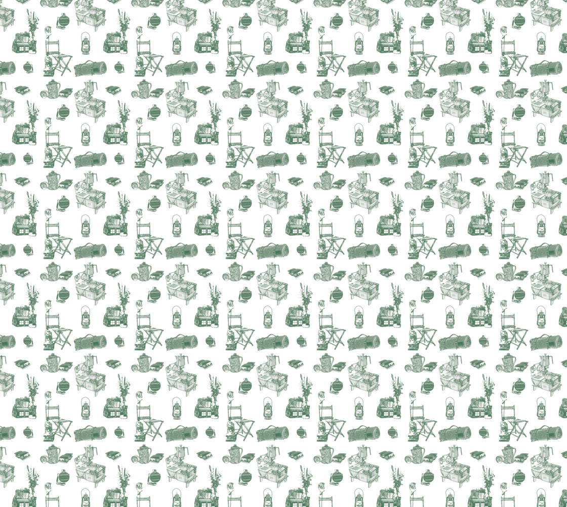 Camping Implements - Green on White - Organic Cotton Hemp Fabric