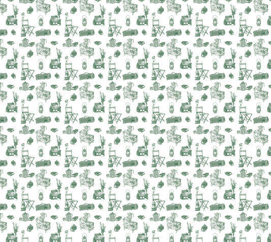 Camping Implements - Green on White - Organic Cotton Hemp Fabric