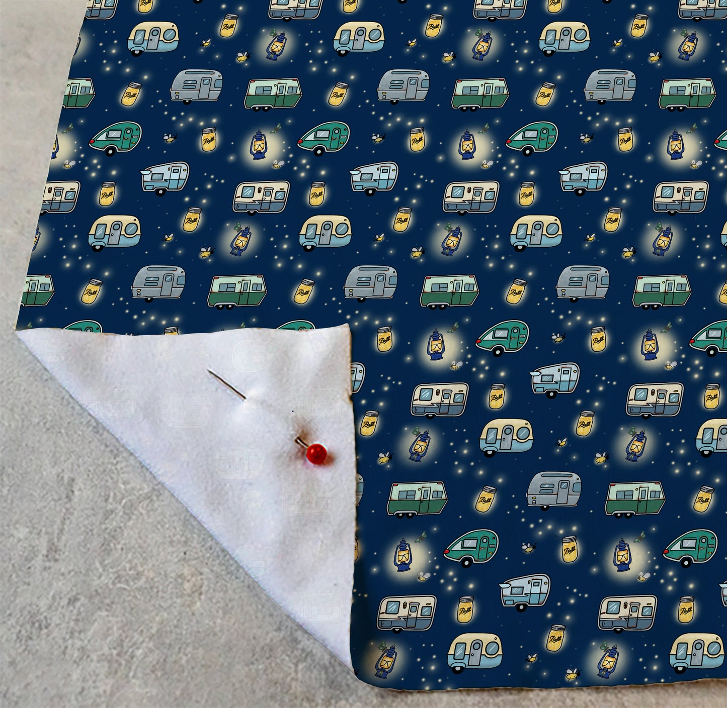 Vintage Campers and Fireflies Peachskin Jersey Fabric