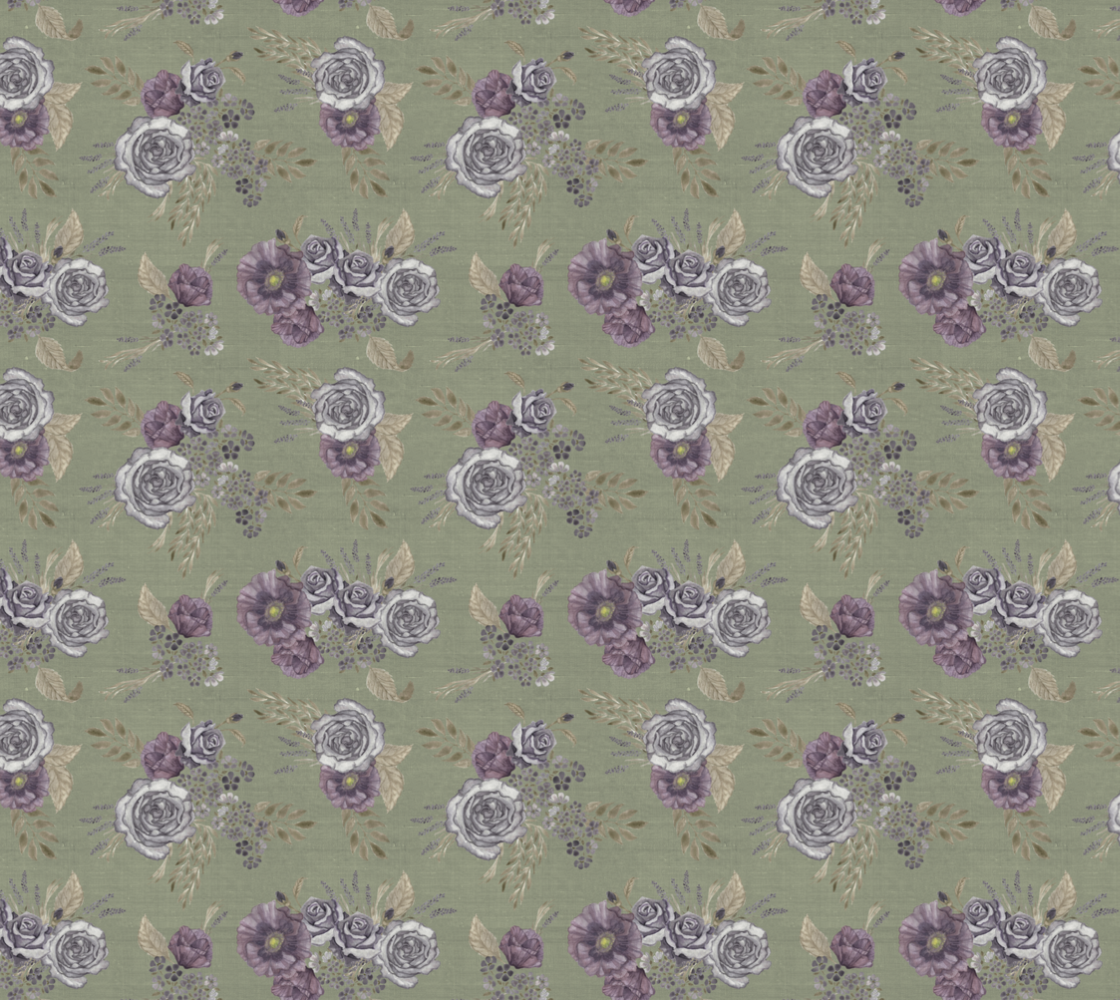 Purple roses Floral - Green - Matte Crepe Fabric