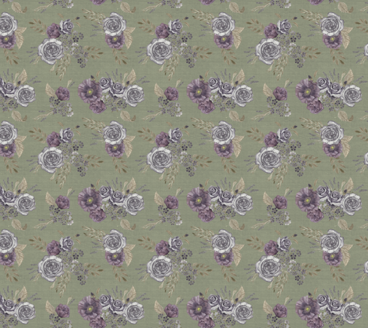 Purple roses Floral - Green - Matte Crepe Fabric