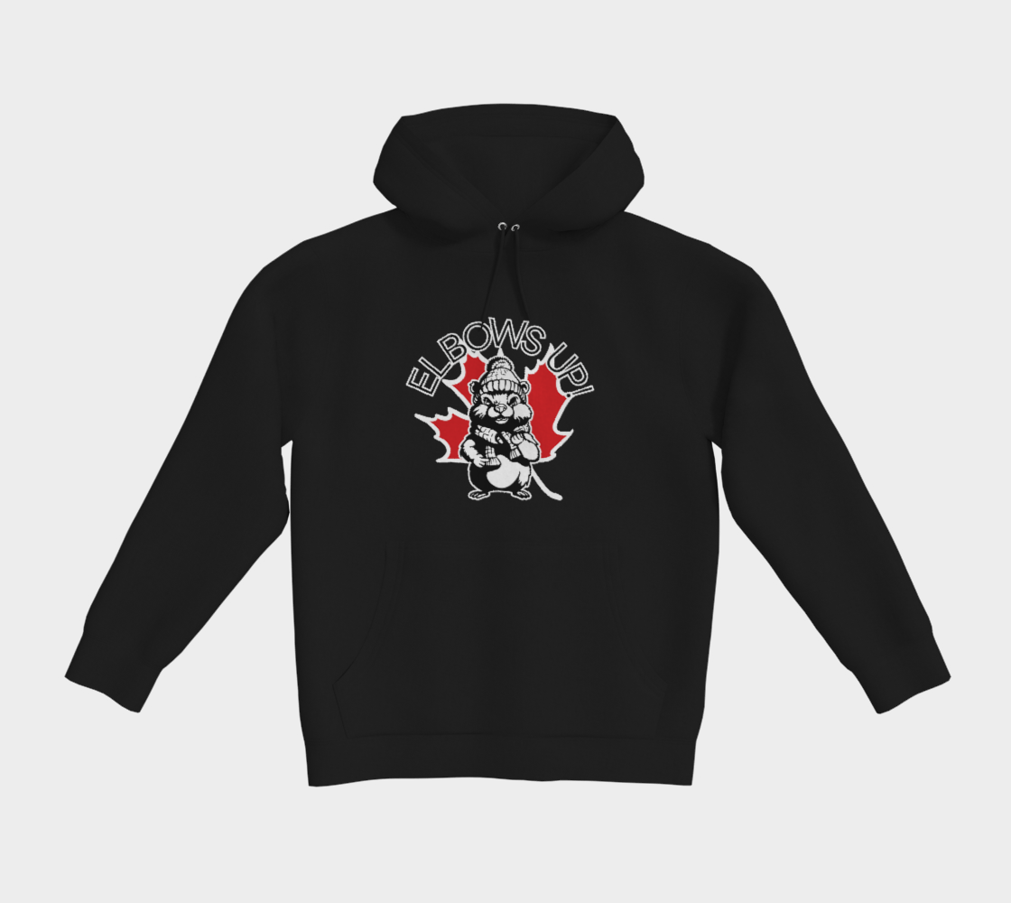 black-hoodie-with a graphic containing the words elbows up and an image of a maple leaf and a beaver on a white background.