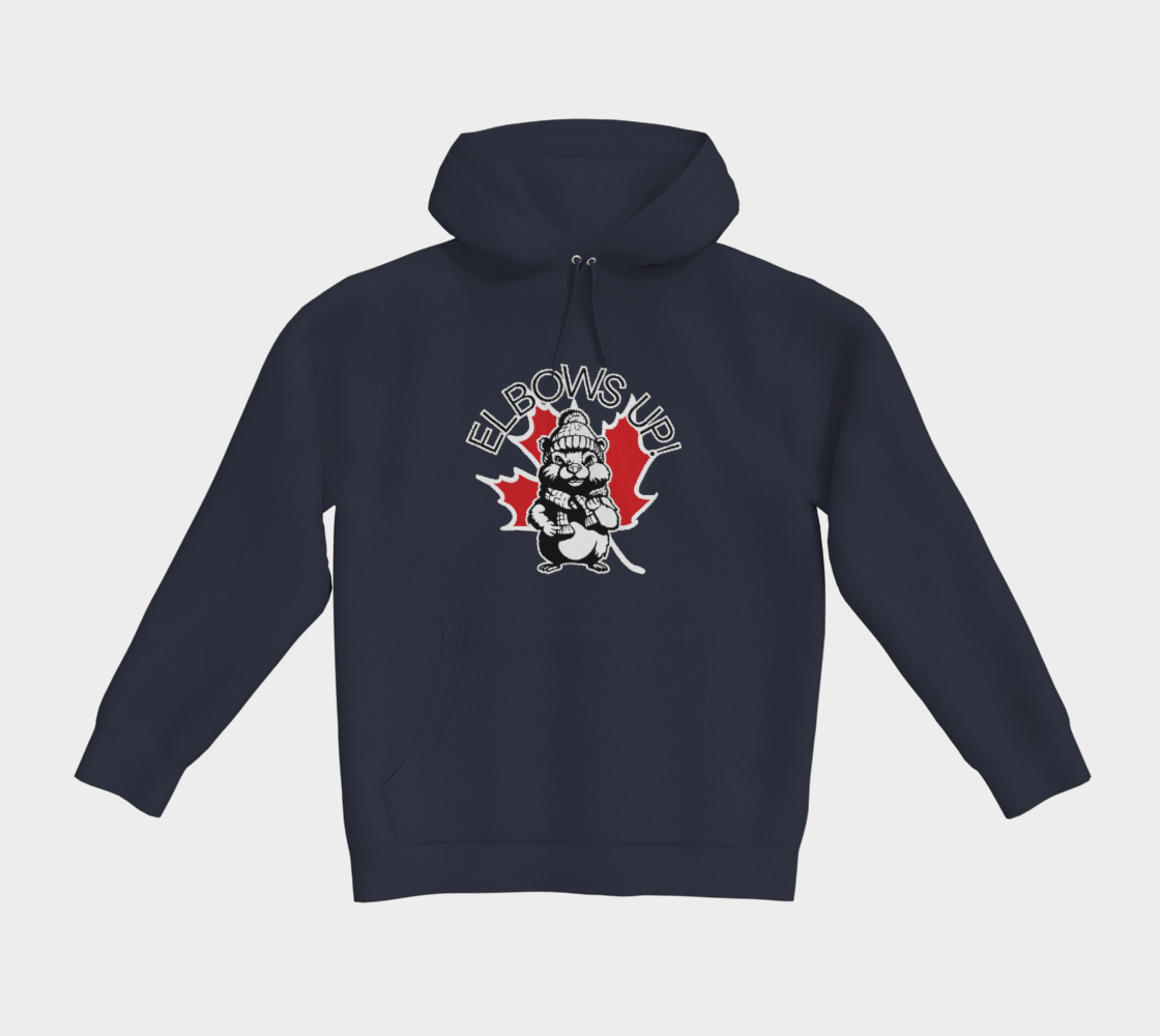 navy blue hooded sweatshirt with a graphic that say "elbows up" with an image depicting a maple leaf and a beaver.