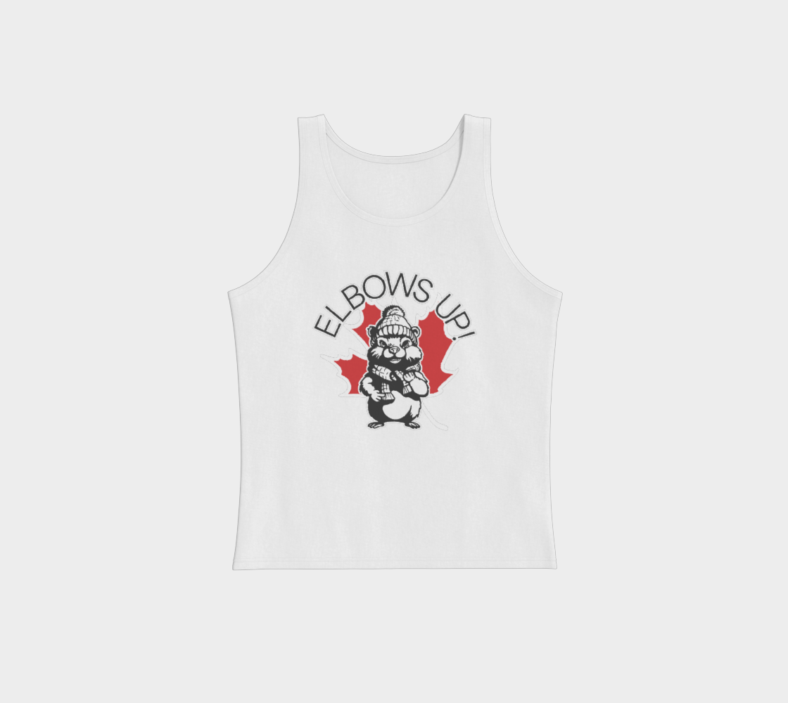a white tank top with a graphic depicting a beaver in front of a maple leaf with the words elbows up