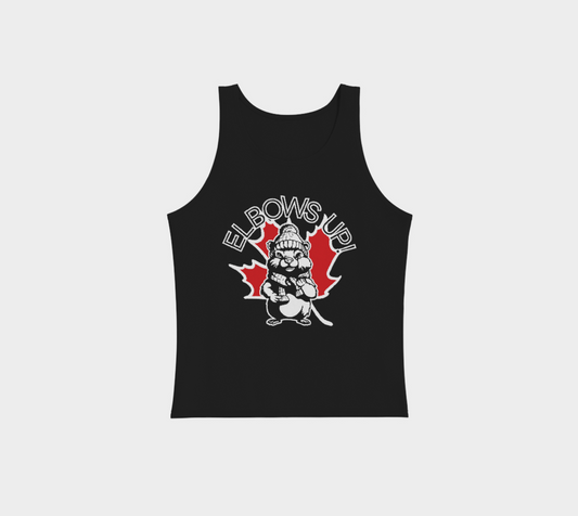 a black tank top with a graphic depicting a beaver in front of a maple leaf with the words elbows up.