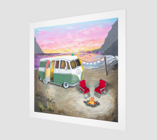 "Sunset Escape" - Vintage Hippie Bus Beach Art Print