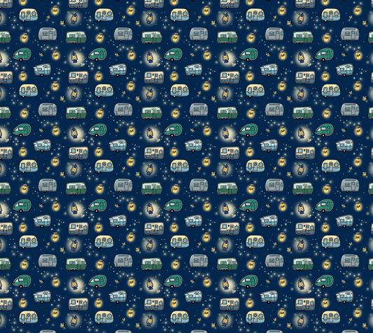 Vintage Campers and Fireflies Peachskin Jersey Fabric